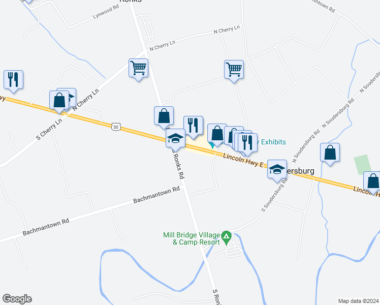 map of restaurants, bars, coffee shops, grocery stores, and more near 2814 Lincoln Highway East in Ronks