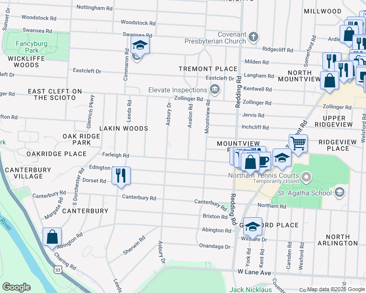 map of restaurants, bars, coffee shops, grocery stores, and more near 3019 Avalon Road in Columbus