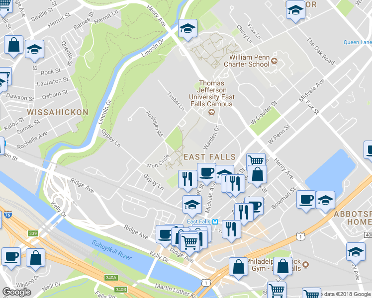 map of restaurants, bars, coffee shops, grocery stores, and more near 3464 West School House Lane in Philadelphia