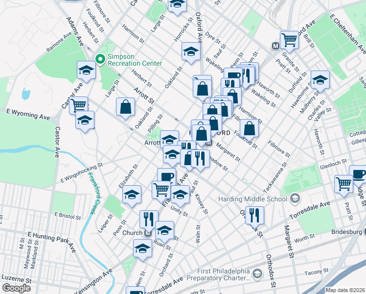 map of restaurants, bars, coffee shops, grocery stores, and more near 4653 Penn Street in Philadelphia