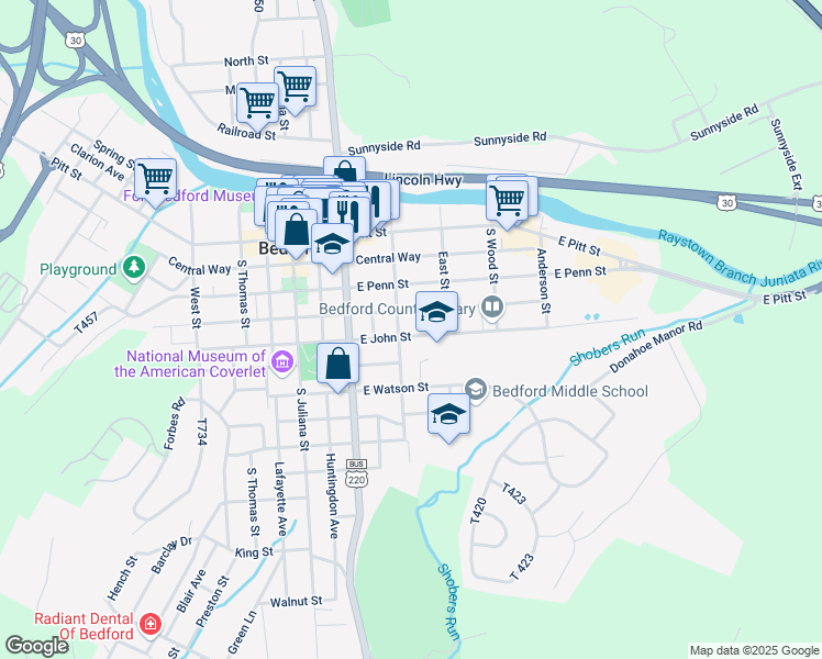 map of restaurants, bars, coffee shops, grocery stores, and more near 313 East John Street in Bedford