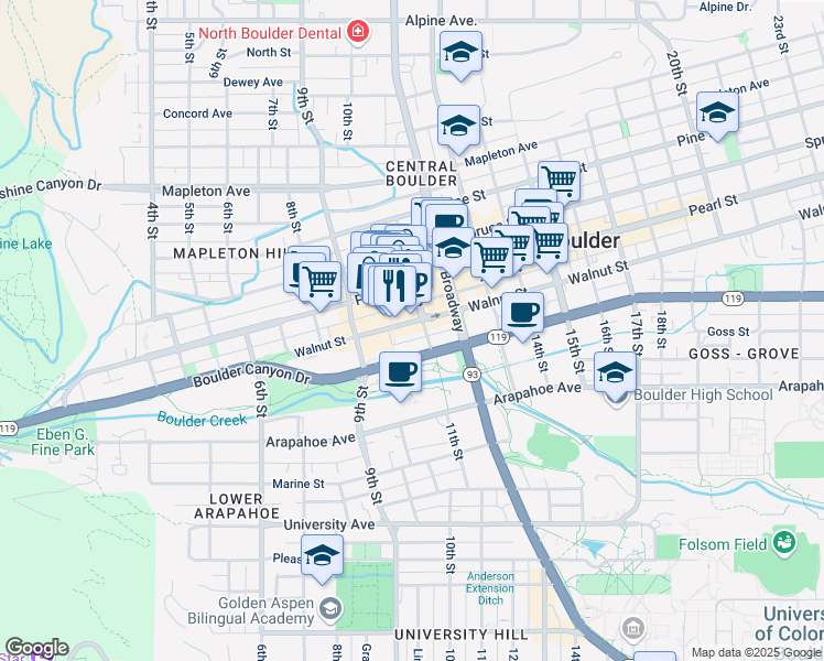 map of restaurants, bars, coffee shops, grocery stores, and more near 1050 Walnut Street in Boulder