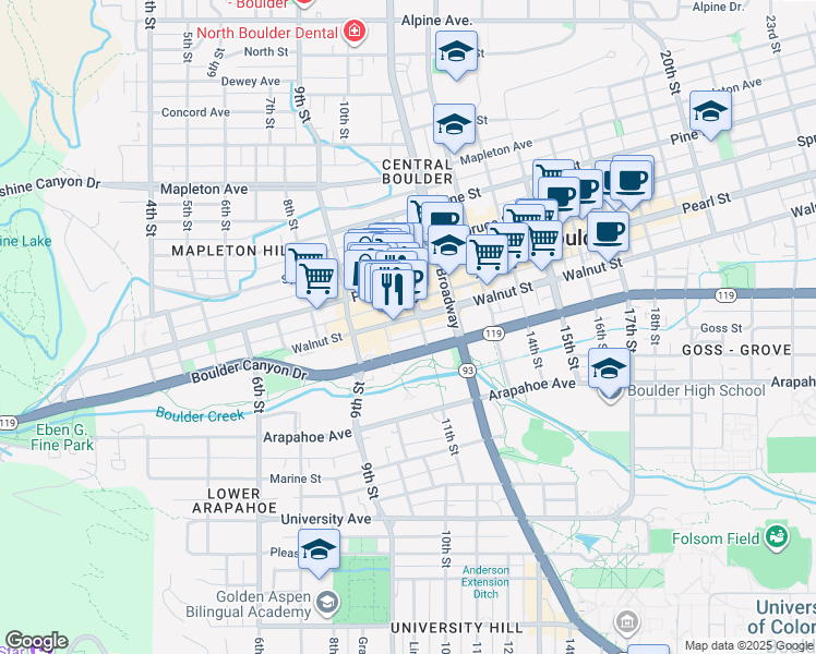 map of restaurants, bars, coffee shops, grocery stores, and more near 1050 Walnut Street in Boulder
