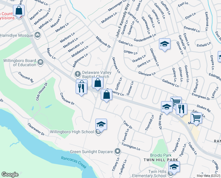 map of restaurants, bars, coffee shops, grocery stores, and more near 57 Gramercy Lane in Willingboro