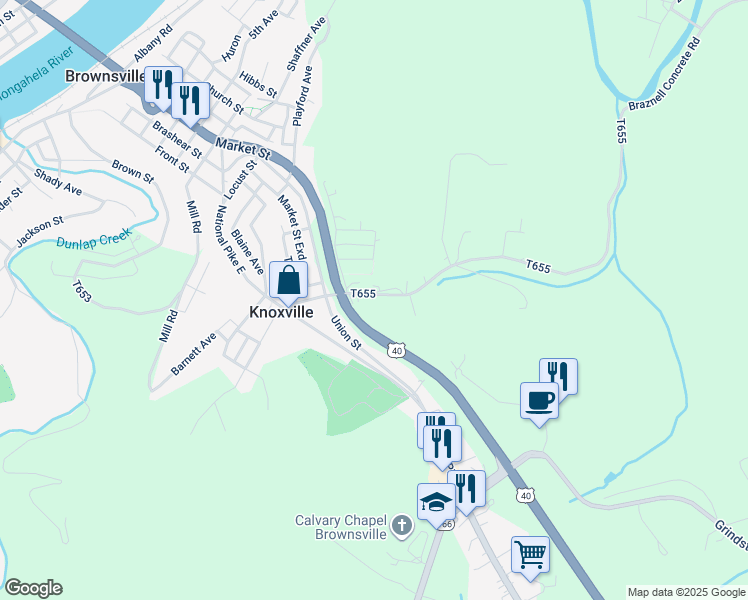 map of restaurants, bars, coffee shops, grocery stores, and more near 122 Lynn Road in Brownsville