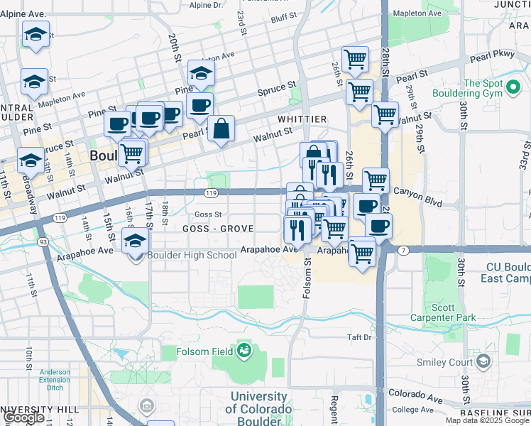 map of restaurants, bars, coffee shops, grocery stores, and more near 2228 Canyon Boulevard in Boulder