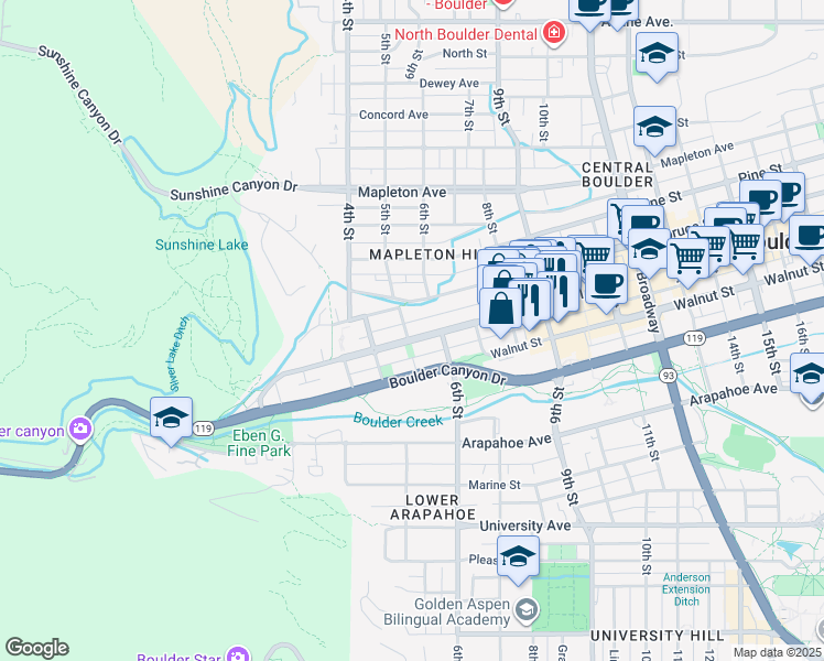map of restaurants, bars, coffee shops, grocery stores, and more near 510 Bow Mountain Road in Boulder