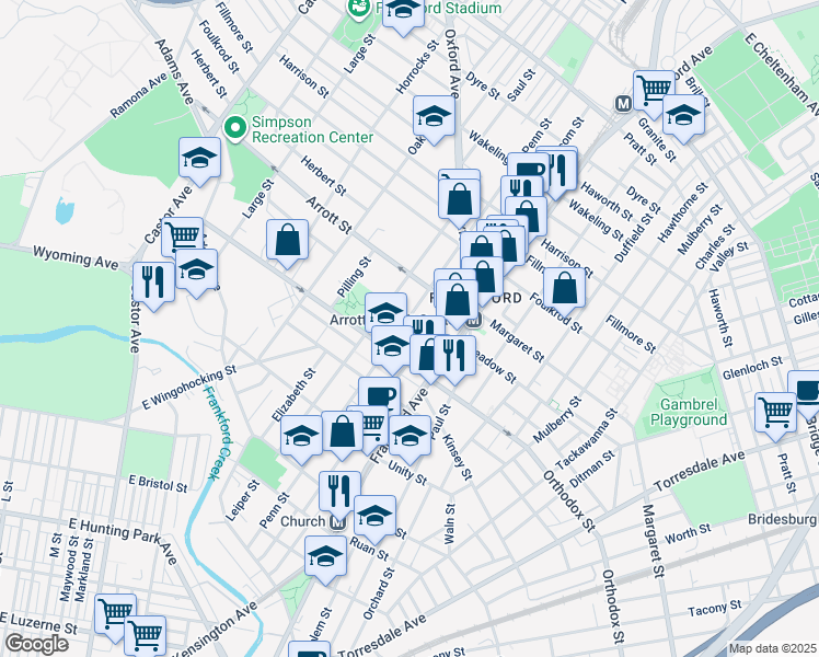 map of restaurants, bars, coffee shops, grocery stores, and more near 4643 Leiper Street in Philadelphia