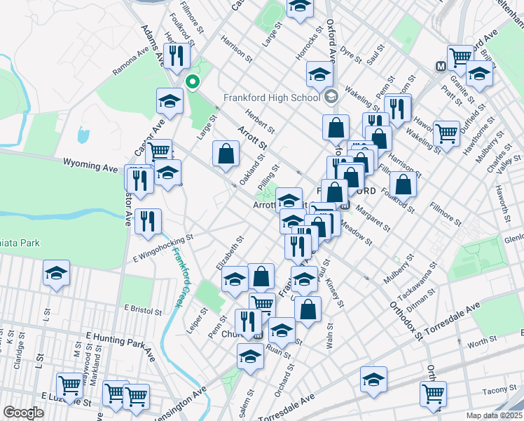 map of restaurants, bars, coffee shops, grocery stores, and more near 1344 Orthodox Street in Philadelphia