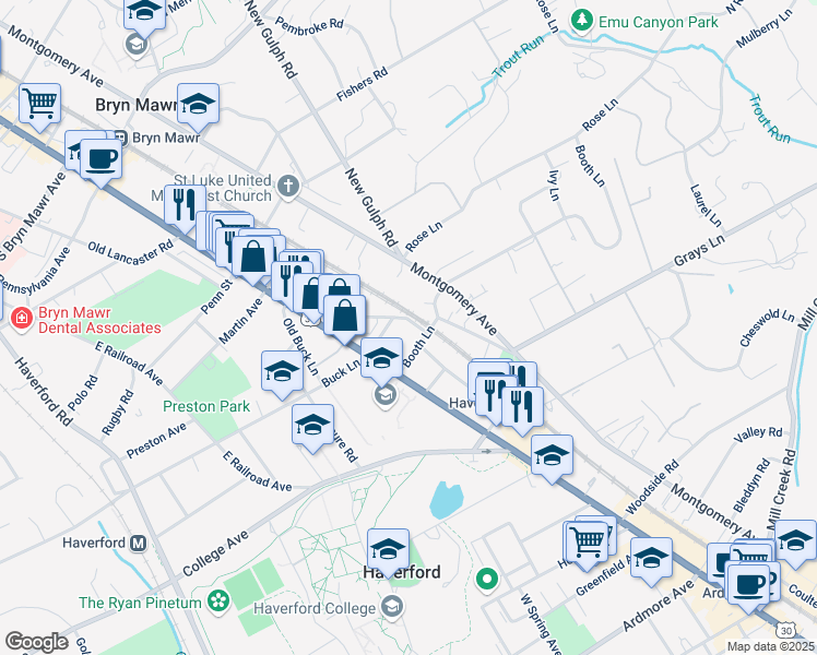 map of restaurants, bars, coffee shops, grocery stores, and more near 452 Booth Circle in Haverford