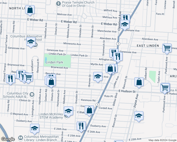 map of restaurants, bars, coffee shops, grocery stores, and more near 1481 Myrtle Avenue in Columbus