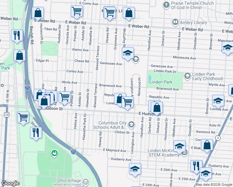 map of restaurants, bars, coffee shops, grocery stores, and more near 2521 Grasmere Avenue in Columbus