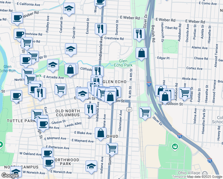 map of restaurants, bars, coffee shops, grocery stores, and more near 2625 Glen Echo Drive in Columbus