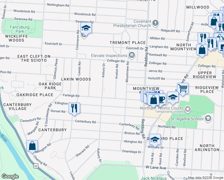 map of restaurants, bars, coffee shops, grocery stores, and more near 3019 Avalon Road in Columbus