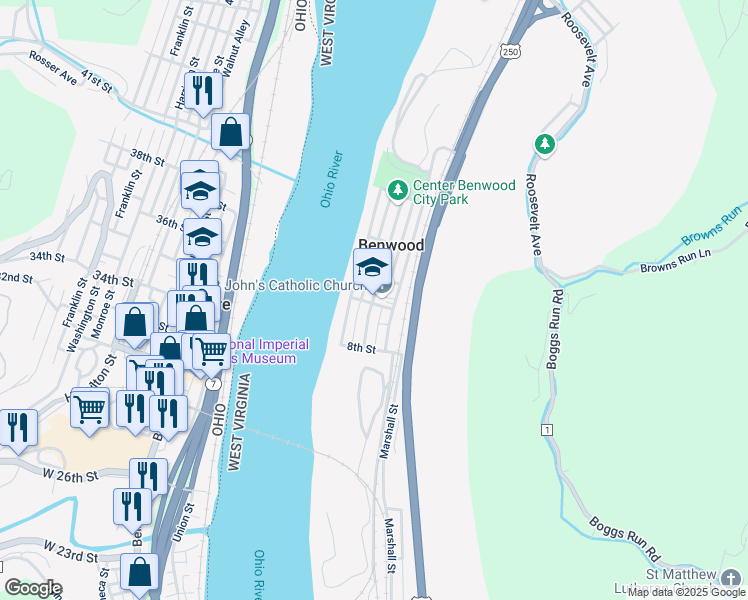 map of restaurants, bars, coffee shops, grocery stores, and more near 42 6th Street in Benwood