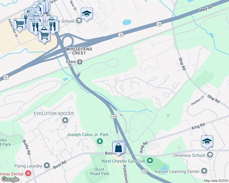 map of restaurants, bars, coffee shops, grocery stores, and more near 449 Hartford Square in West Chester