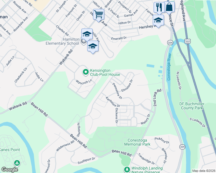 map of restaurants, bars, coffee shops, grocery stores, and more near 101 Pennshire Drive in Lancaster