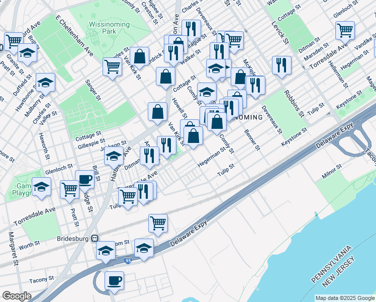 map of restaurants, bars, coffee shops, grocery stores, and more near Torresdale Ave & Van Kirk St in Philadelphia