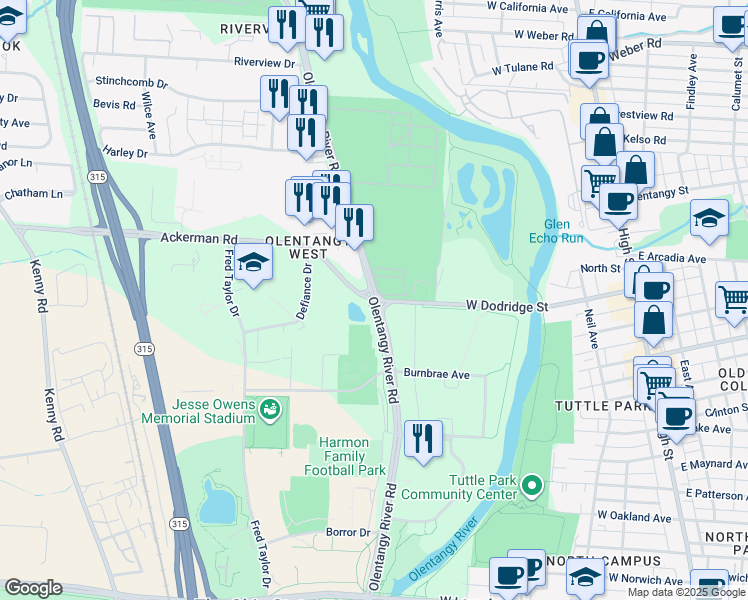 map of restaurants, bars, coffee shops, grocery stores, and more near Olentangy River Rd & Ackerman Rd in Columbus