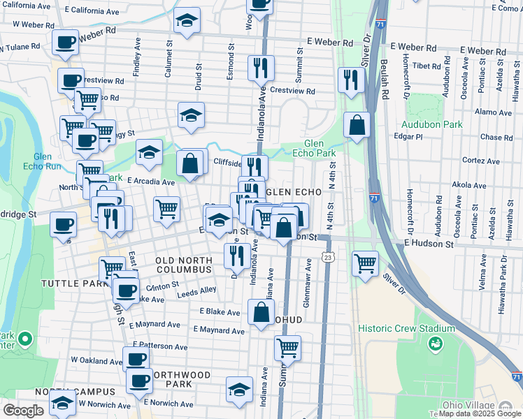 map of restaurants, bars, coffee shops, grocery stores, and more near 2592 Indianola Avenue in Columbus