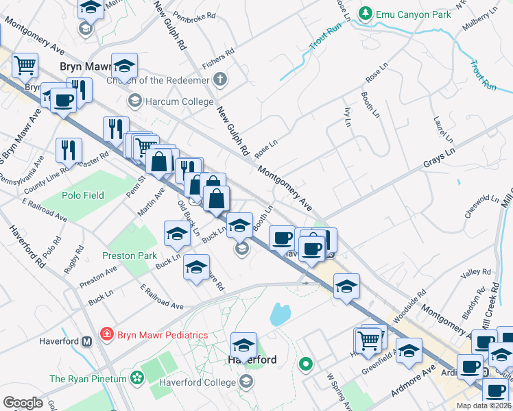 map of restaurants, bars, coffee shops, grocery stores, and more near 452 Booth Circle in Haverford