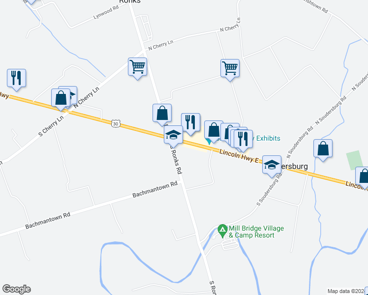 map of restaurants, bars, coffee shops, grocery stores, and more near 2812 Lincoln Highway in Ronks