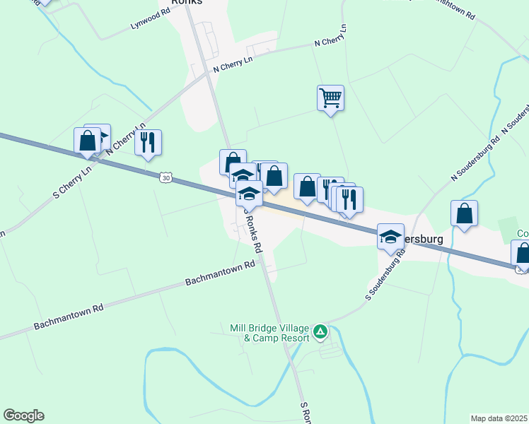 map of restaurants, bars, coffee shops, grocery stores, and more near 2812 Lincoln Highway East in Ronks