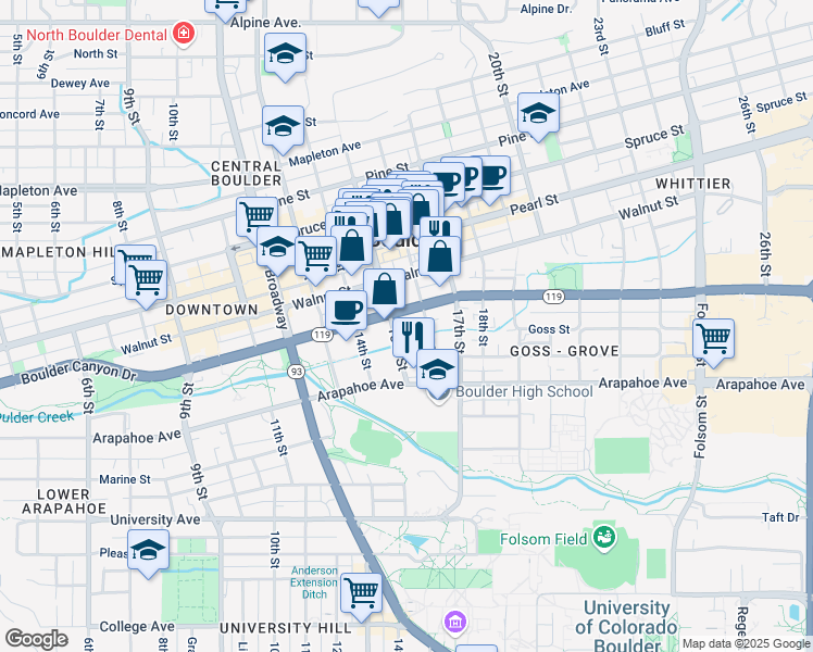 map of restaurants, bars, coffee shops, grocery stores, and more near 1820 15th Street in Boulder