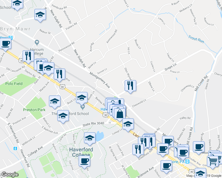map of restaurants, bars, coffee shops, grocery stores, and more near Montgomery Avenue in Haverford