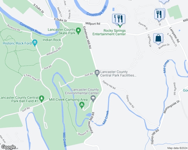 map of restaurants, bars, coffee shops, grocery stores, and more near 760 Golf Road in Lancaster