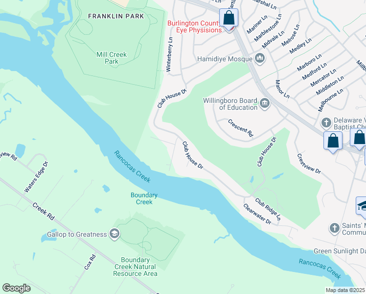 map of restaurants, bars, coffee shops, grocery stores, and more near 189 Club House Drive in Willingboro