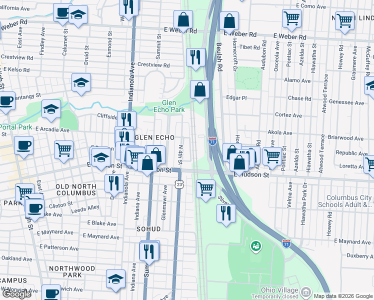 map of restaurants, bars, coffee shops, grocery stores, and more near 2600 North 4th Street in Columbus