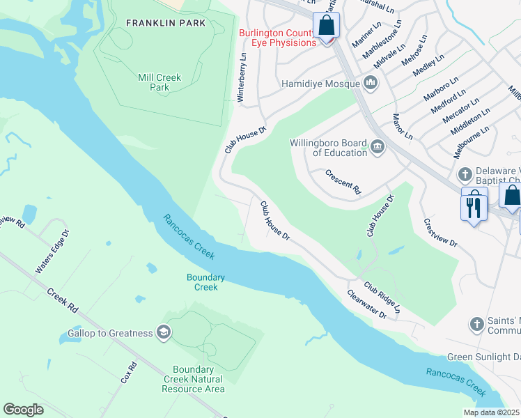 map of restaurants, bars, coffee shops, grocery stores, and more near 189 Club House Drive in Willingboro