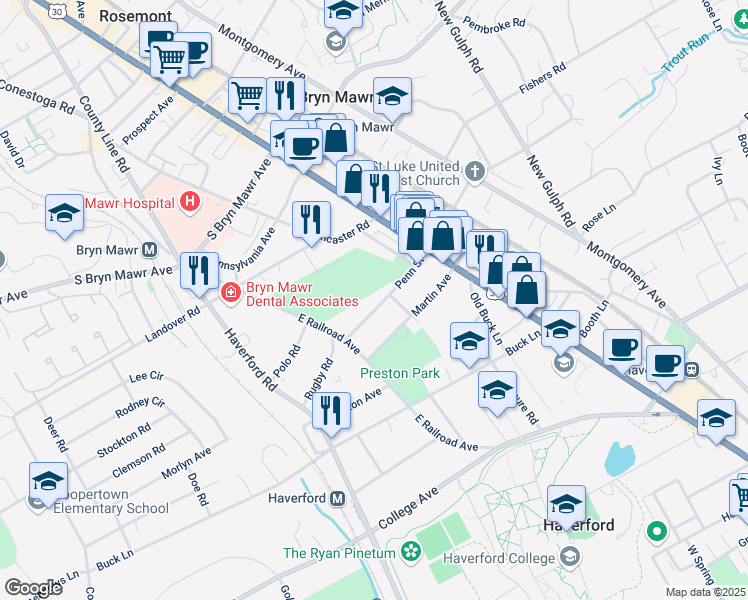 map of restaurants, bars, coffee shops, grocery stores, and more near 842 Penn Street in Bryn Mawr