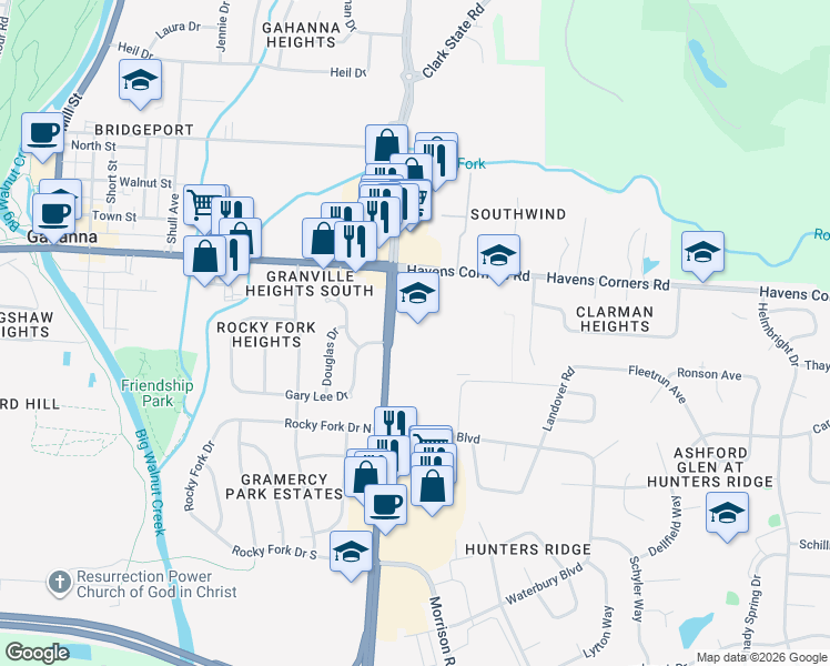 map of restaurants, bars, coffee shops, grocery stores, and more near 140 Hamilton Road in Gahanna