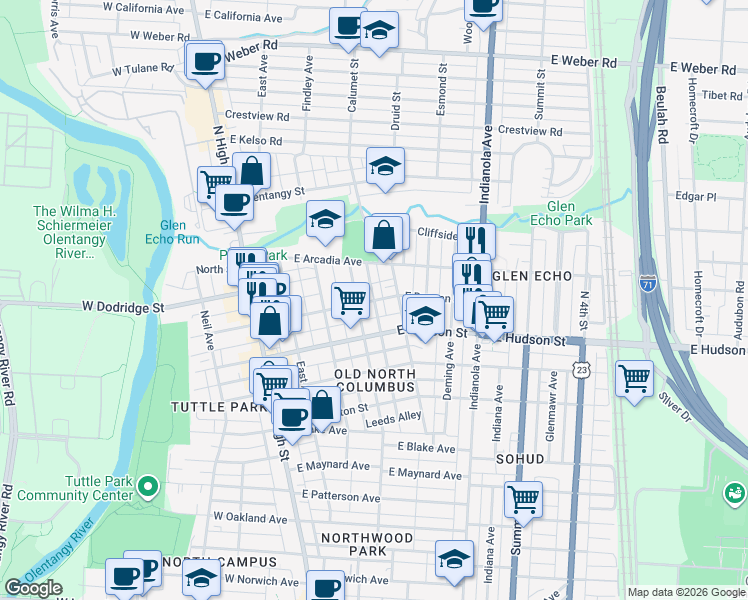 map of restaurants, bars, coffee shops, grocery stores, and more near East Duncan Street in Columbus