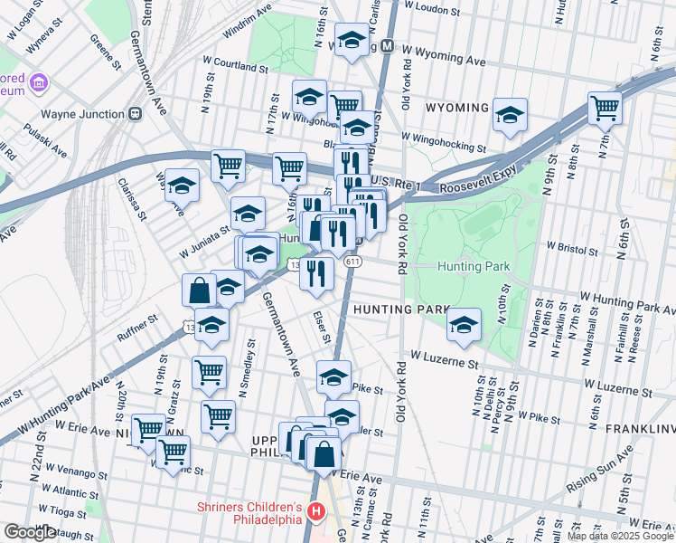 map of restaurants, bars, coffee shops, grocery stores, and more near 1417 West Jerome Street in Philadelphia