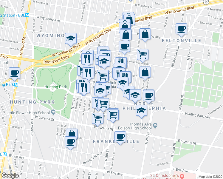 map of restaurants, bars, coffee shops, grocery stores, and more near 4254 North Reese Street in Philadelphia