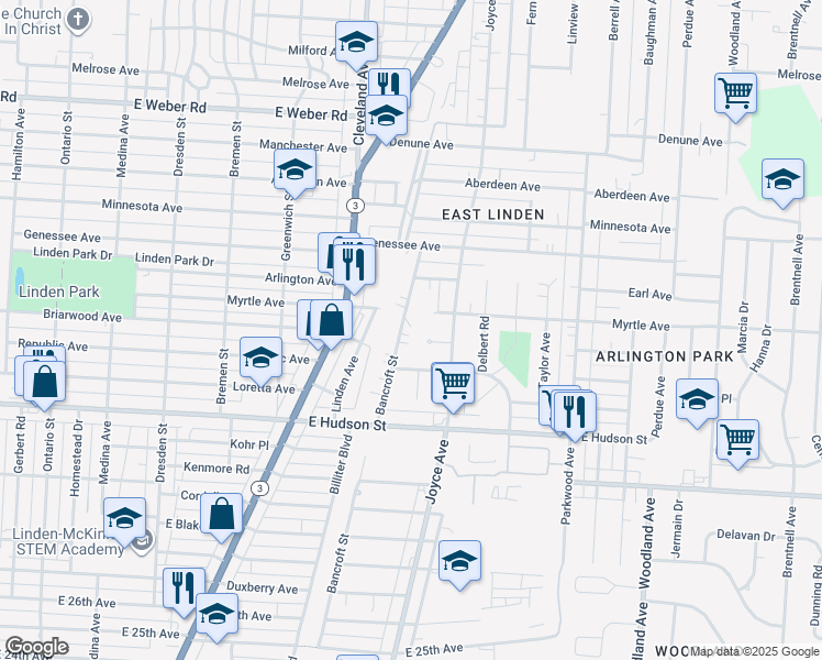 map of restaurants, bars, coffee shops, grocery stores, and more near 1812 Myrtle Avenue in Columbus