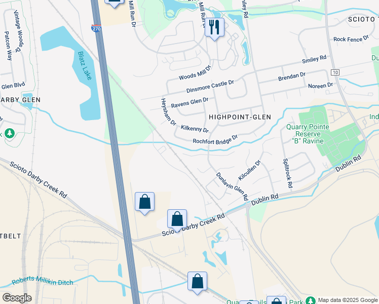 map of restaurants, bars, coffee shops, grocery stores, and more near 3669 Rochfort Bridge Drive in Columbus