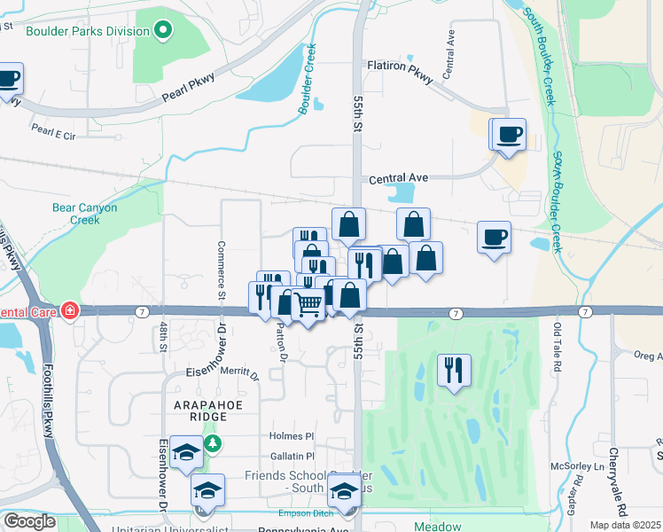 map of restaurants, bars, coffee shops, grocery stores, and more near 5460 Conestoga Court in Boulder