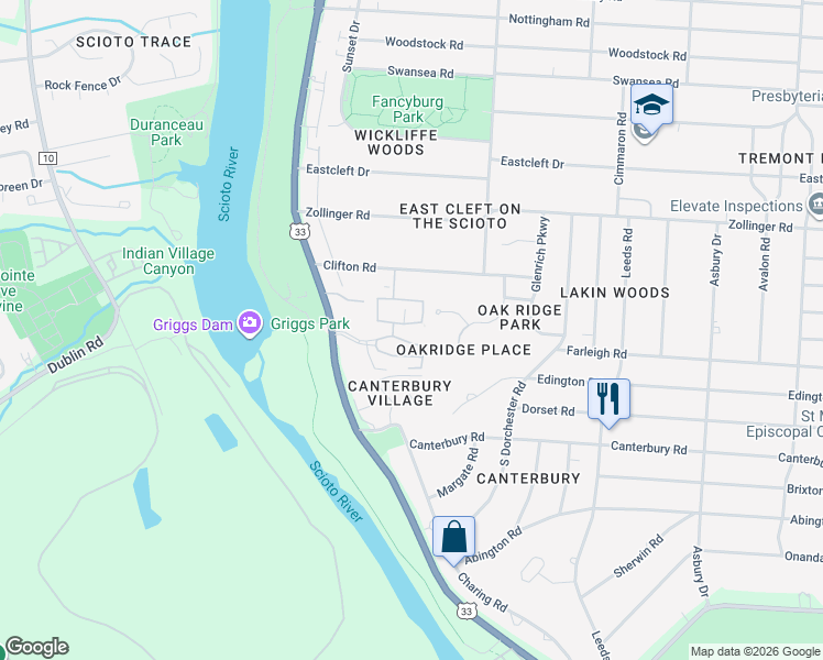 map of restaurants, bars, coffee shops, grocery stores, and more near 2826 Chateau Circle in Upper Arlington
