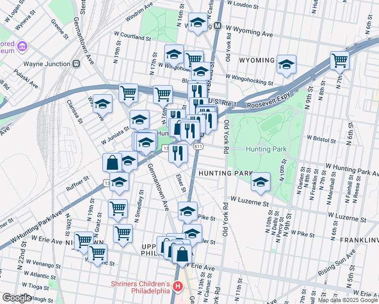 map of restaurants, bars, coffee shops, grocery stores, and more near 1419 West Jerome Street in Philadelphia