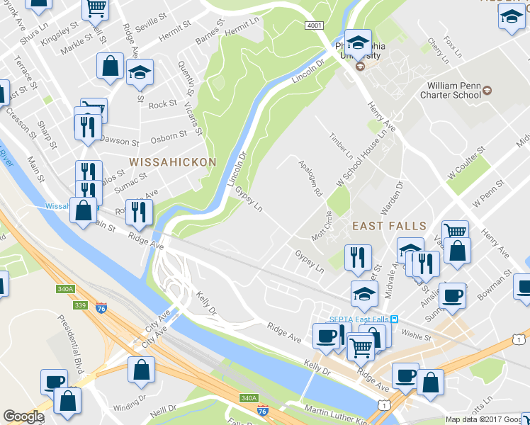 map of restaurants, bars, coffee shops, grocery stores, and more near 4111 Gypsy Lane in Philadelphia