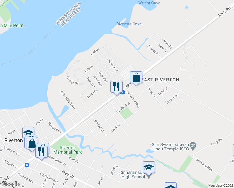 map of restaurants, bars, coffee shops, grocery stores, and more near 1905 Broad Street in Cinnaminson