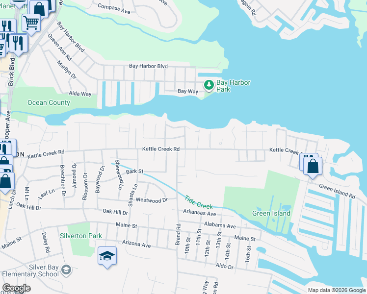 map of restaurants, bars, coffee shops, grocery stores, and more near 171 Sutter Street in Toms River