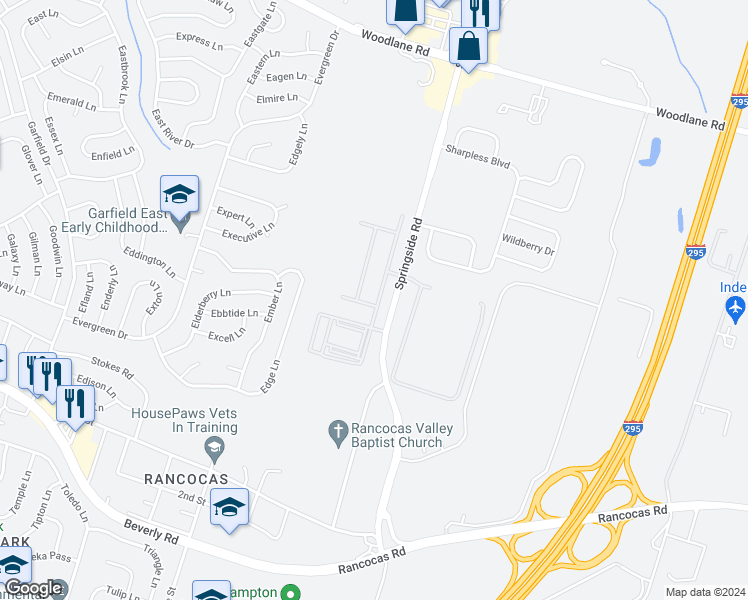 map of restaurants, bars, coffee shops, grocery stores, and more near 1 Nelsons Way in Westampton