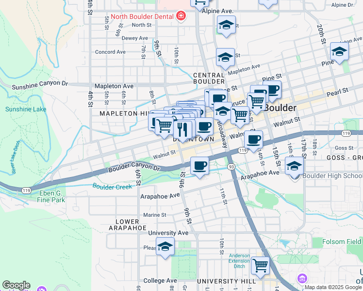 map of restaurants, bars, coffee shops, grocery stores, and more near 908 Pearl Street in Boulder