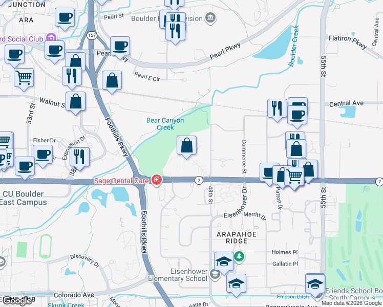 map of restaurants, bars, coffee shops, grocery stores, and more near 4745 Arapahoe Avenue in Boulder