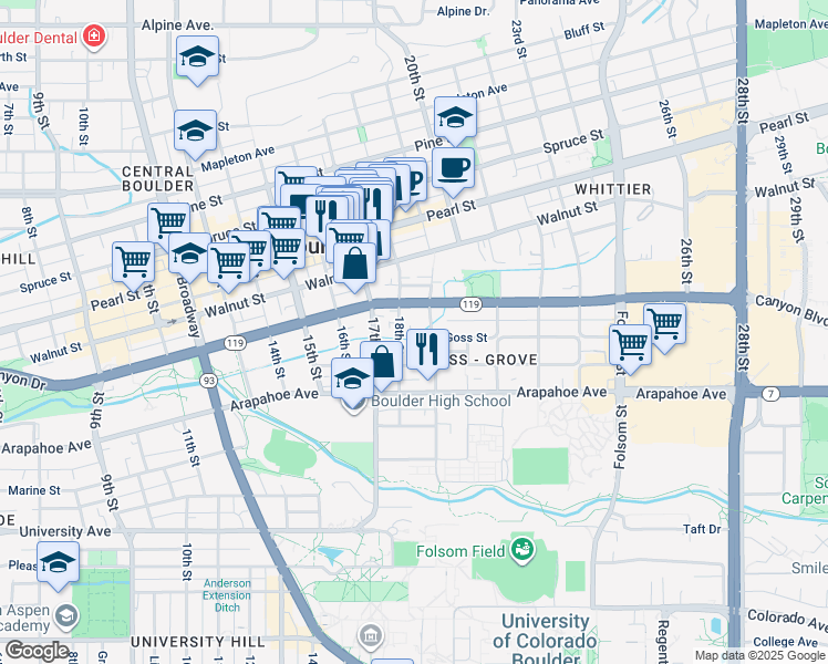 map of restaurants, bars, coffee shops, grocery stores, and more near 1802 Canyon Boulevard in Boulder